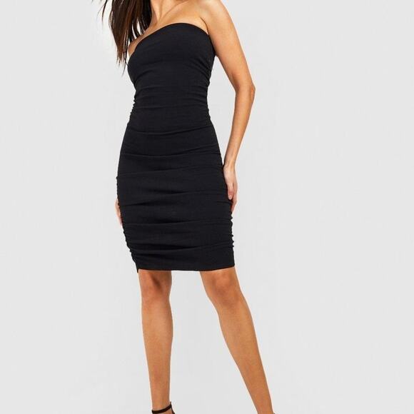 Boohoo Black Ribbed Strapless Bodycon Dress - Picture 1 of 7